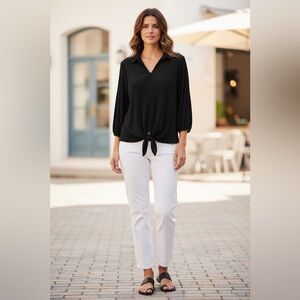 Kim & Cami, Black Textured Tie-Front Blouse, Size Small